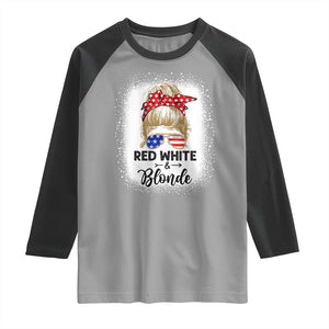 Funny 4th Of July Red White And Blonde Raglan Shirt Messy Bun Girl American Flag Sunglasses TS11 Sport Gray Black Print Your Wear