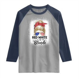 Funny 4th Of July Red White And Blonde Raglan Shirt Messy Bun Girl American Flag Sunglasses TS11 Sport Gray Navy Print Your Wear