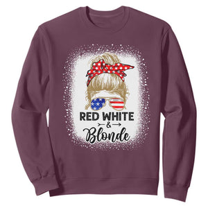 Funny 4th Of July Red White And Blonde Sweatshirt Messy Bun Girl American Flag Sunglasses TS11 Maroon Print Your Wear