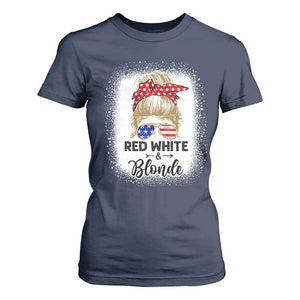 Funny 4th Of July Red White And Blonde T Shirt For Women Messy Bun Girl American Flag Sunglasses TS11 Navy Print Your Wear