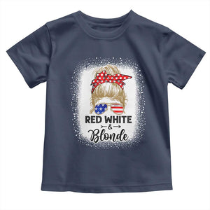 Funny 4th Of July Red White And Blonde Toddler T Shirt Messy Bun Girl American Flag Sunglasses TS11 Navy Print Your Wear