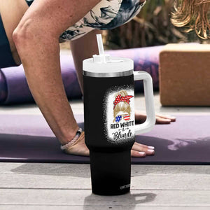 Funny 4th Of July Red White And Blonde Tumbler With Handle Messy Bun Girl American Flag Sunglasses TS11 Print Your Wear
