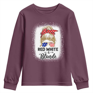 Funny 4th Of July Red White And Blonde Youth Sweatshirt Messy Bun Girl American Flag Sunglasses TS11 Maroon Print Your Wear