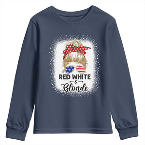 Funny 4th Of July Red White And Blonde Youth Sweatshirt Messy Bun Girl American Flag Sunglasses TS11 Navy Print Your Wear