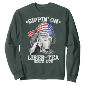 Funny 4th Of July Sweatshirt Sippin On Liber Tea Liberty Ben Franklin 1776 USA Flag TS10 Dark Forest Green Print Your Wear
