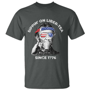 Funny 4th Of July T Shirt Sippin On Liber Tea Liberty Abe Lincoln 1776 USA Flag TS10 Dark Heather Print Your Wear