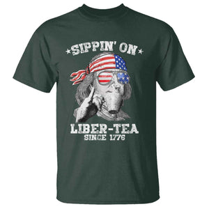Funny 4th Of July T Shirt Sippin On Liber Tea Liberty Ben Franklin 1776 USA Flag TS10 Dark Forest Green Print Your Wear