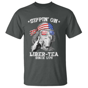 Funny 4th Of July T Shirt Sippin On Liber Tea Liberty Ben Franklin 1776 USA Flag TS10 Dark Heather Print Your Wear