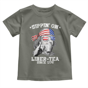 Funny 4th Of July Toddler T Shirt Sippin On Liber Tea Liberty Ben Franklin 1776 USA Flag TS10 Military Green Print Your Wear