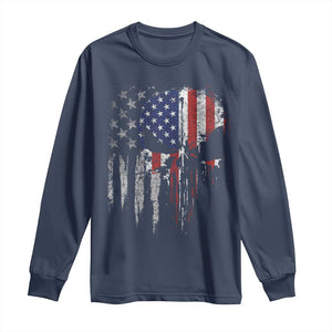 Funny 4th Of July Vintage American Flag Skull Skeleton Long Sleeve Shirt TS11 Navy Print Your Wear