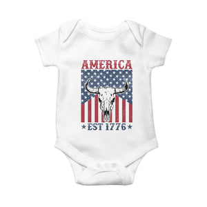 Funny 4th Of July Western Baby Onesie America EST 1776 Long Horn Skull TS11 White Print Your Wear