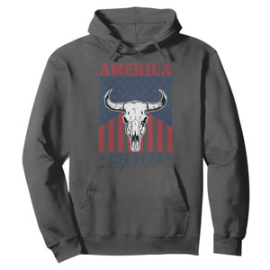 Funny 4th Of July Western Hoodie America EST 1776 Long Horn Skull TS11 Dark Heather Print Your Wear