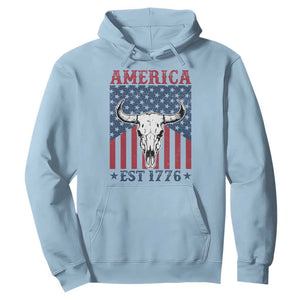Funny 4th Of July Western Hoodie America EST 1776 Long Horn Skull TS11 Light Blue Print Your Wear