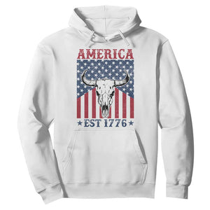 Funny 4th Of July Western Hoodie America EST 1776 Long Horn Skull TS11 White Print Your Wear