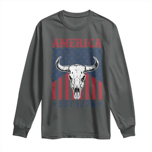 Funny 4th Of July Western Long Sleeve Shirt America EST 1776 Long Horn Skull TS11 Dark Heather Print Your Wear