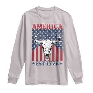 Funny 4th Of July Western Long Sleeve Shirt America EST 1776 Long Horn Skull TS11 Ice Gray Print Your Wear