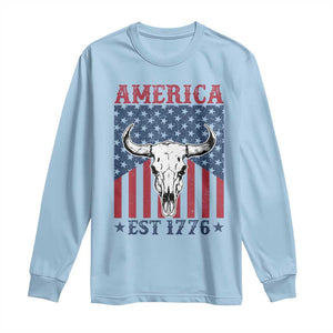 Funny 4th Of July Western Long Sleeve Shirt America EST 1776 Long Horn Skull TS11 Light Blue Print Your Wear