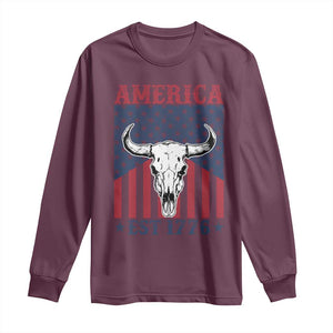 Funny 4th Of July Western Long Sleeve Shirt America EST 1776 Long Horn Skull TS11 Maroon Print Your Wear