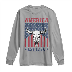 Funny 4th Of July Western Long Sleeve Shirt America EST 1776 Long Horn Skull TS11 Sport Gray Print Your Wear