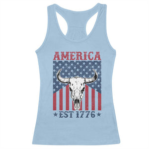 Funny 4th Of July Western Racerback Tank Top America EST 1776 Long Horn Skull TS11 Light Blue Print Your Wear