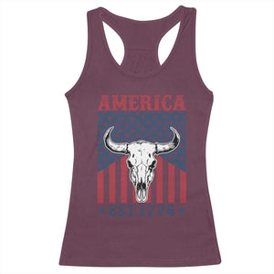 Funny 4th Of July Western Racerback Tank Top America EST 1776 Long Horn Skull TS11 Maroon Print Your Wear
