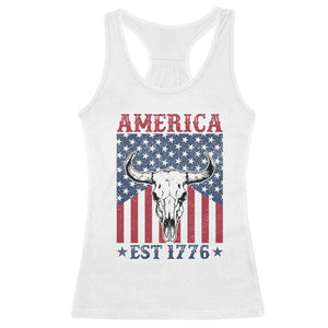 Funny 4th Of July Western Racerback Tank Top America EST 1776 Long Horn Skull TS11 White Print Your Wear