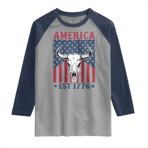 Funny 4th Of July Western Raglan Shirt America EST 1776 Long Horn Skull TS11 Sport Gray Navy Print Your Wear
