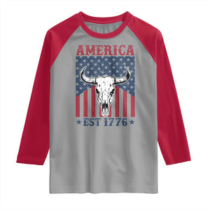 Funny 4th Of July Western Raglan Shirt America EST 1776 Long Horn Skull TS11 Sport Gray Red Print Your Wear