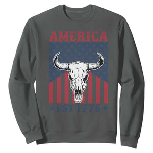 Funny 4th Of July Western Sweatshirt America EST 1776 Long Horn Skull TS11 Dark Heather Print Your Wear