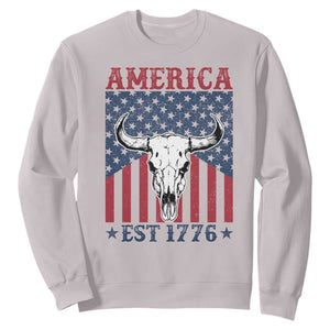 Funny 4th Of July Western Sweatshirt America EST 1776 Long Horn Skull TS11 Ice Gray Print Your Wear