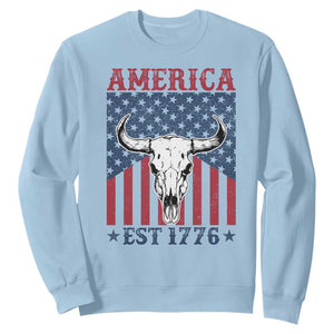 Funny 4th Of July Western Sweatshirt America EST 1776 Long Horn Skull TS11 Light Blue Print Your Wear