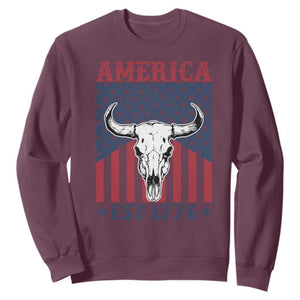 Funny 4th Of July Western Sweatshirt America EST 1776 Long Horn Skull TS11 Maroon Print Your Wear