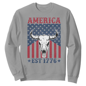 Funny 4th Of July Western Sweatshirt America EST 1776 Long Horn Skull TS11 Sport Gray Print Your Wear