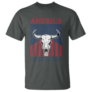 Funny 4th Of July Western T Shirt America EST 1776 Long Horn Skull TS11 Dark Heather Print Your Wear