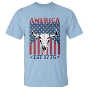 Funny 4th Of July Western T Shirt America EST 1776 Long Horn Skull TS11 Light Blue Print Your Wear