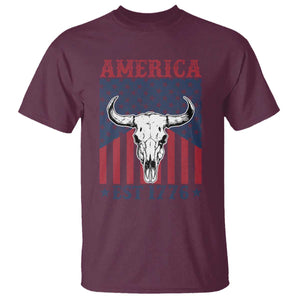 Funny 4th Of July Western T Shirt America EST 1776 Long Horn Skull TS11 Maroon Print Your Wear