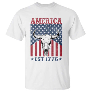Funny 4th Of July Western T Shirt America EST 1776 Long Horn Skull TS11 White Print Your Wear