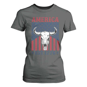 Funny 4th Of July Western T Shirt For Women America EST 1776 Long Horn Skull TS11 Dark Heather Print Your Wear