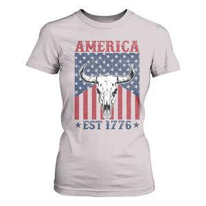 Funny 4th Of July Western T Shirt For Women America EST 1776 Long Horn Skull TS11 Ice Gray Print Your Wear