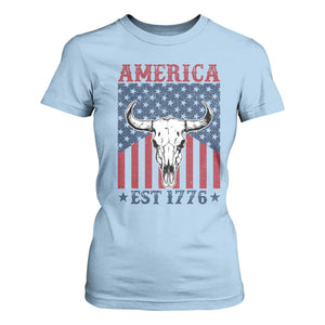 Funny 4th Of July Western T Shirt For Women America EST 1776 Long Horn Skull TS11 Light Blue Print Your Wear