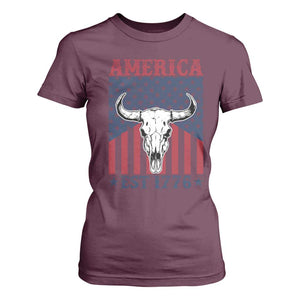 Funny 4th Of July Western T Shirt For Women America EST 1776 Long Horn Skull TS11 Maroon Print Your Wear