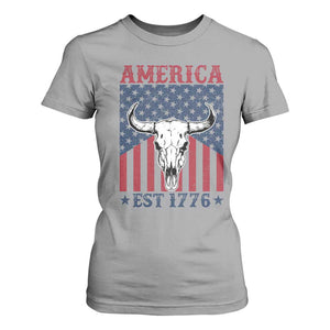 Funny 4th Of July Western T Shirt For Women America EST 1776 Long Horn Skull TS11 Sport Gray Print Your Wear