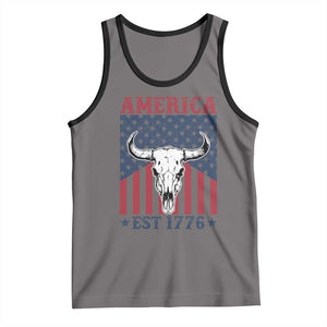 Funny 4th Of July Western Tank Top America EST 1776 Long Horn Skull TS11 Deep Heather Black Print Your Wear