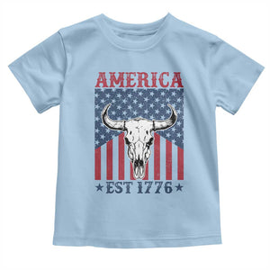 Funny 4th Of July Western Toddler T Shirt America EST 1776 Long Horn Skull TS11 Light Blue Print Your Wear