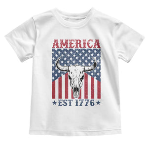 Funny 4th Of July Western Toddler T Shirt America EST 1776 Long Horn Skull TS11 White Print Your Wear