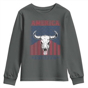 Funny 4th Of July Western Youth Sweatshirt America EST 1776 Long Horn Skull TS11 Dark Heather Print Your Wear