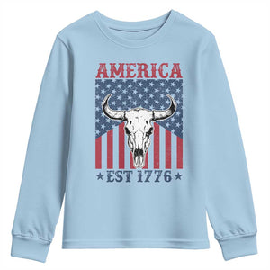 Funny 4th Of July Western Youth Sweatshirt America EST 1776 Long Horn Skull TS11 Light Blue Print Your Wear