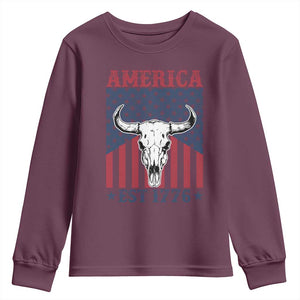 Funny 4th Of July Western Youth Sweatshirt America EST 1776 Long Horn Skull TS11 Maroon Print Your Wear
