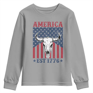 Funny 4th Of July Western Youth Sweatshirt America EST 1776 Long Horn Skull TS11 Sport Gray Print Your Wear