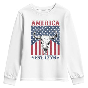 Funny 4th Of July Western Youth Sweatshirt America EST 1776 Long Horn Skull TS11 White Print Your Wear